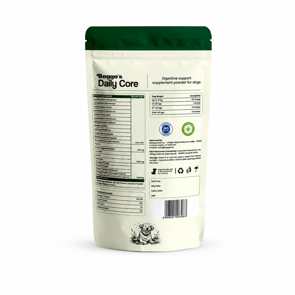 Back of the Daily Core Digestive Support pouch showing the composition table, feeding instructions, product information and barcode.