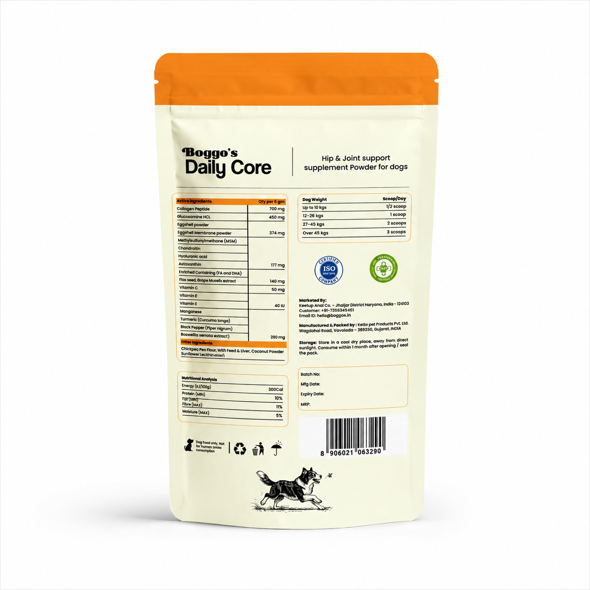 Back of the Daily Core Hip and Joint Support pouch showing composition, feeding instructions, product information and barcode.