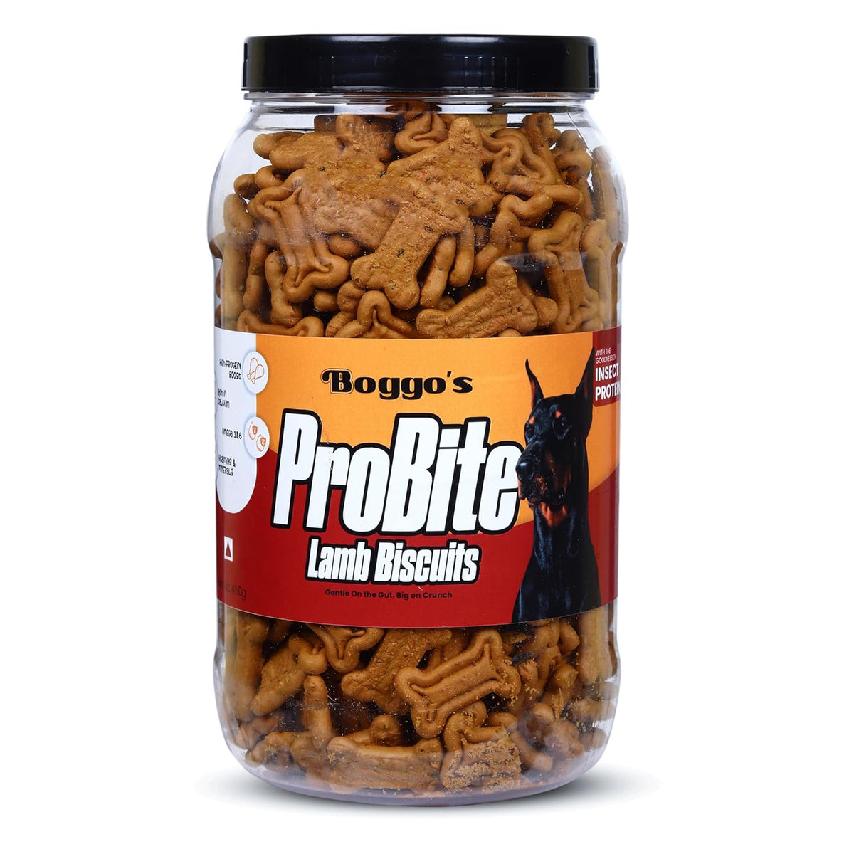 Front view of Boggo’s ProBite Lamb Biscuits jar filled with crunchy, bone-shaped dog treats.